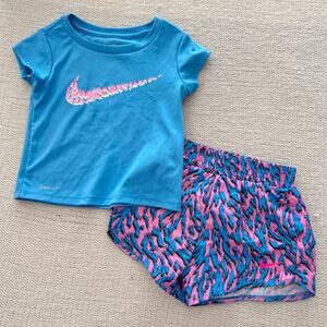 Nike Blue + Pink Short Sleeve Swoosh Abstract Short Outfit Set 2T